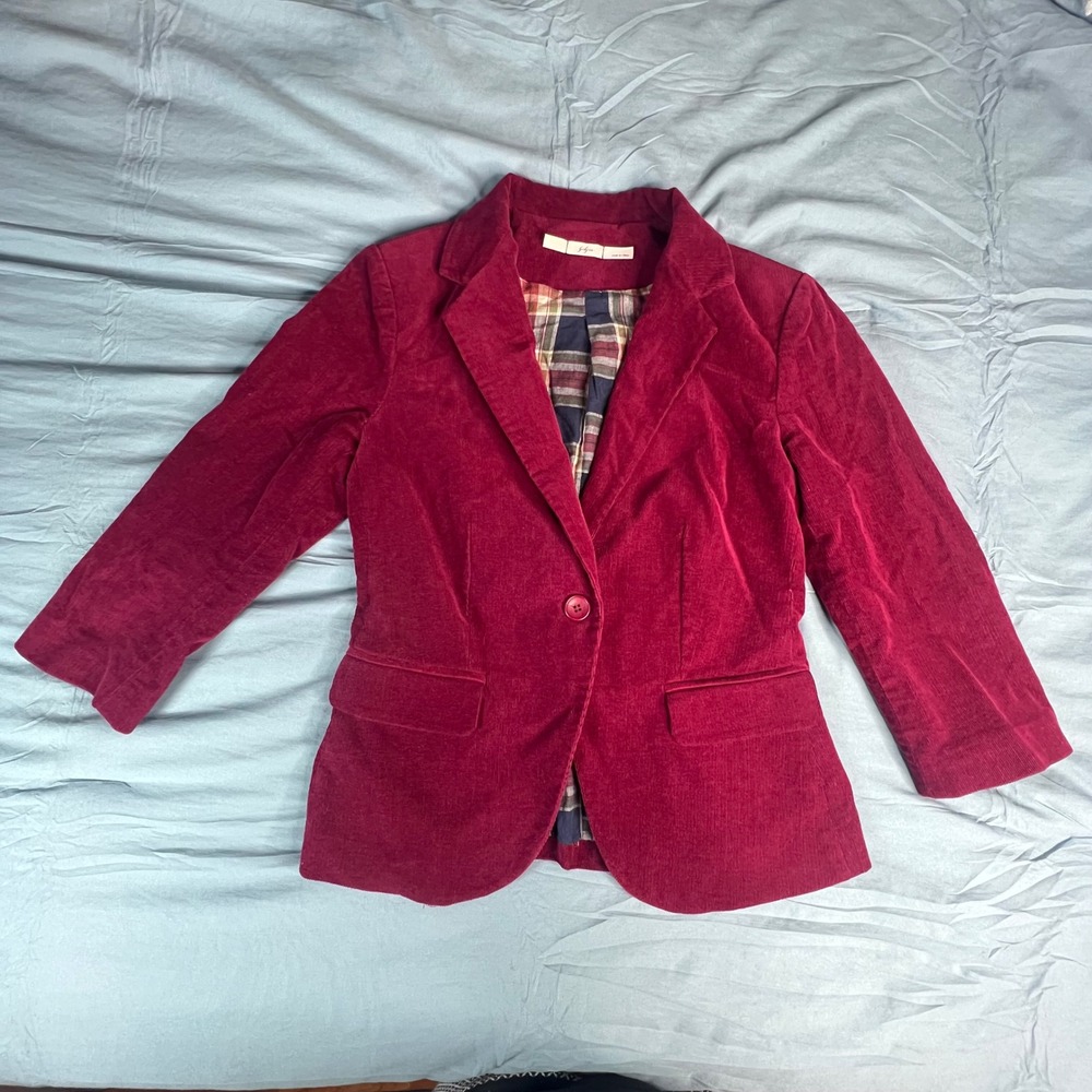 Gibson Women Burgundy Corduroy Blazer Jacket Plaid Lining Single Button Size M‎